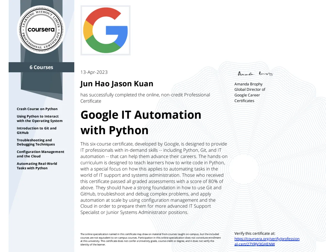 Google IT Automation with Python Specialization Certificate